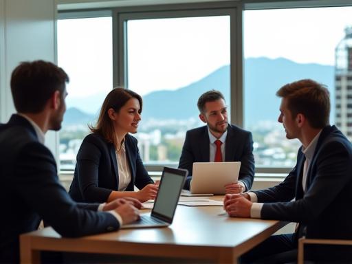 Professionelles Meeting in einem modernen Hotel-Büro.